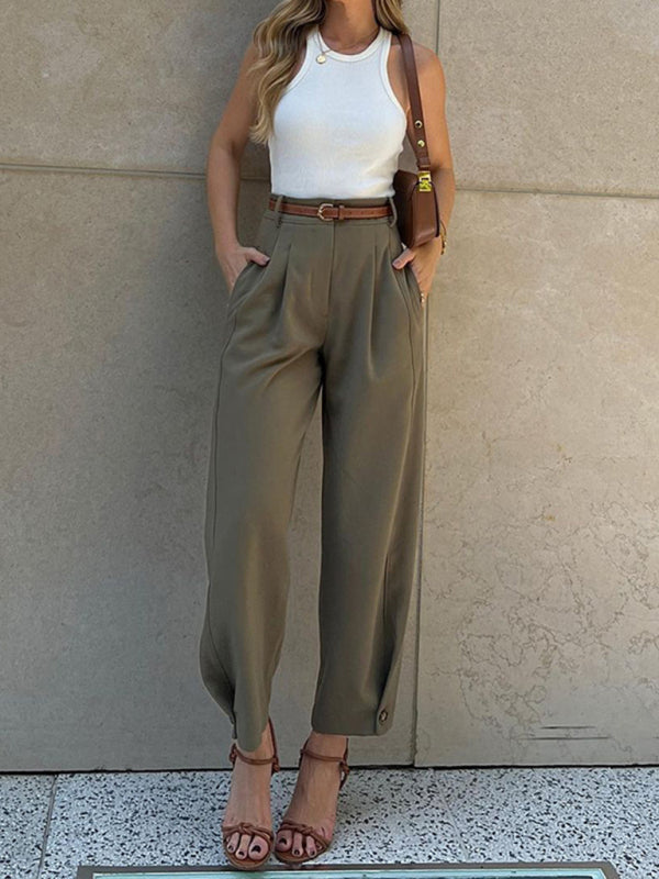 Emma Women's Fashionable Solid Color Loose High Waist Nine-Point Suit Pants