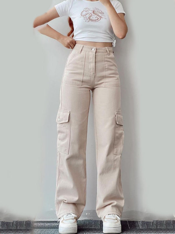 Isabella Versatile casual pants, mid-rise three-dimensional pocket trousers, waist-cinching overalls