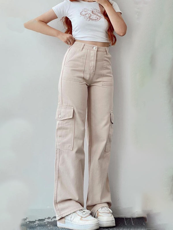 Isabella Versatile casual pants, mid-rise three-dimensional pocket trousers, waist-cinching overalls