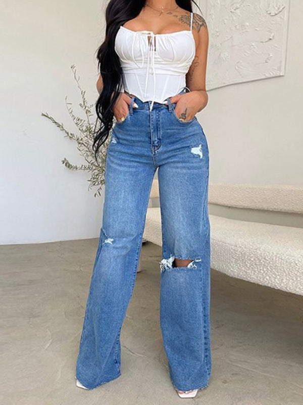 Laila Women's Long High Waist Ripped Wide Leg Jeans