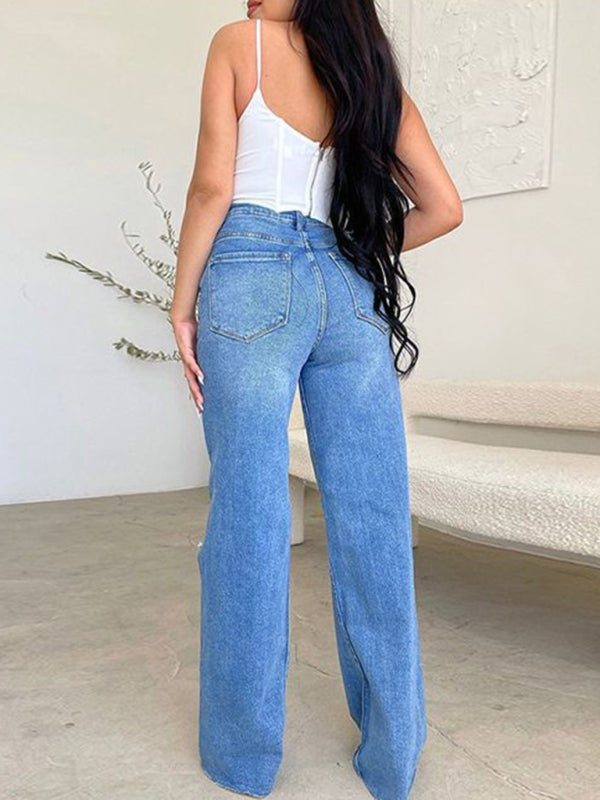 Laila Women's Long High Waist Ripped Wide Leg Jeans