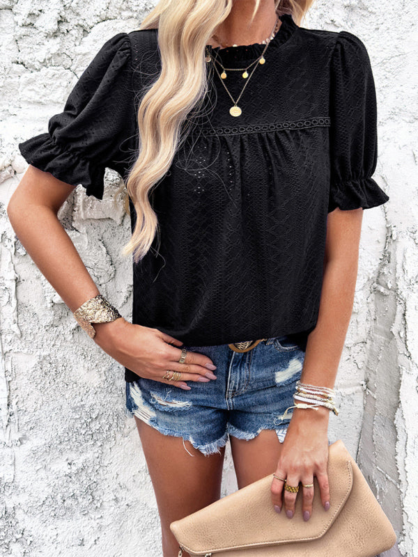 Francesca Casual Solid Color Short Sleeve Hollow Top