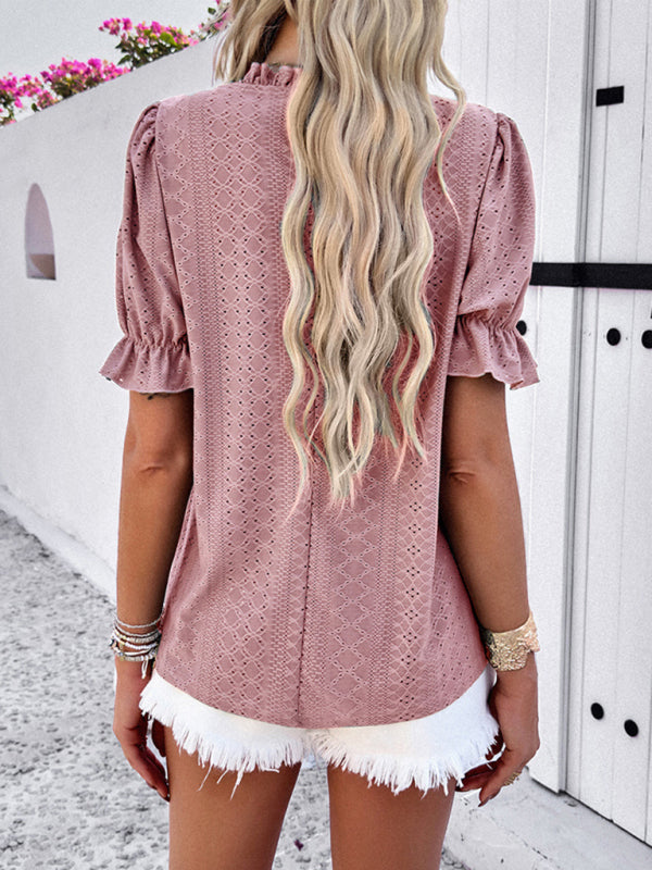 Francesca Casual Solid Color Short Sleeve Hollow Top