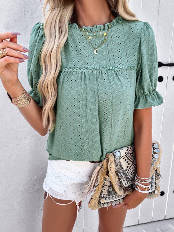 Francesca Casual Solid Color Short Sleeve Hollow Top