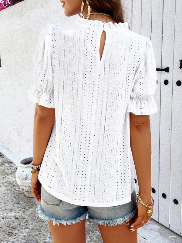 Francesca Casual Solid Color Short Sleeve Hollow Top