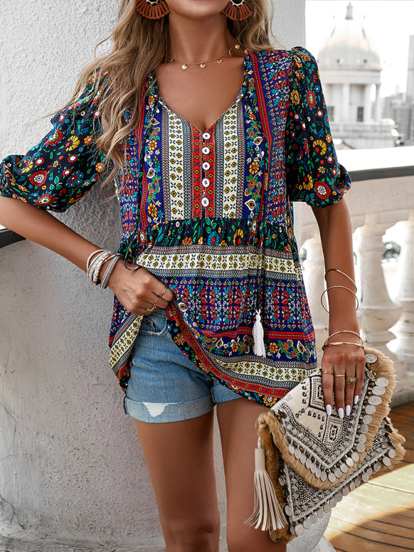 Flannery Women's New Tassel V-Neck Printed Casual Resort Style Top