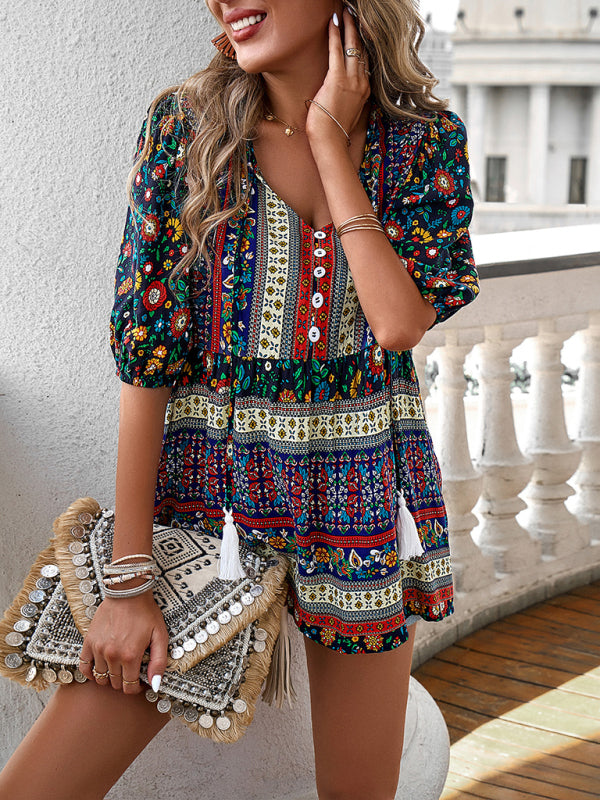 Flannery Women's New Tassel V-Neck Printed Casual Resort Style Top