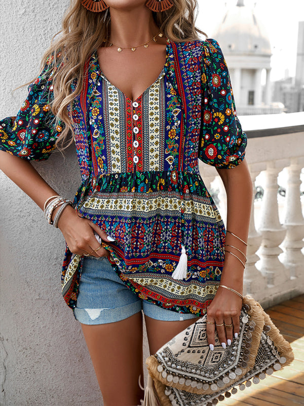 Flannery Women's New Tassel V-Neck Printed Casual Resort Style Top