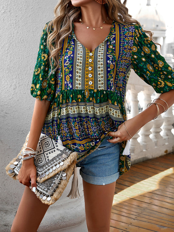 Flannery Women's New Tassel V-Neck Printed Casual Resort Style Top