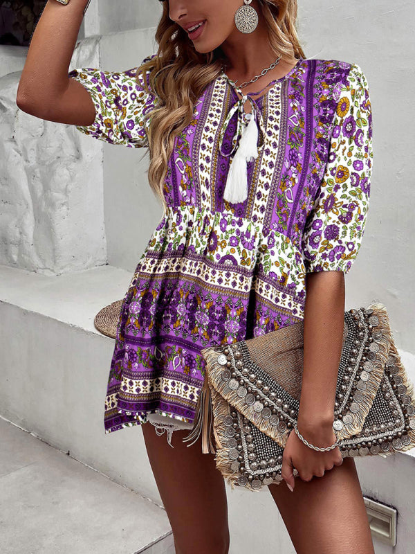 Flannery Women's New Tassel V-Neck Printed Casual Resort Style Top