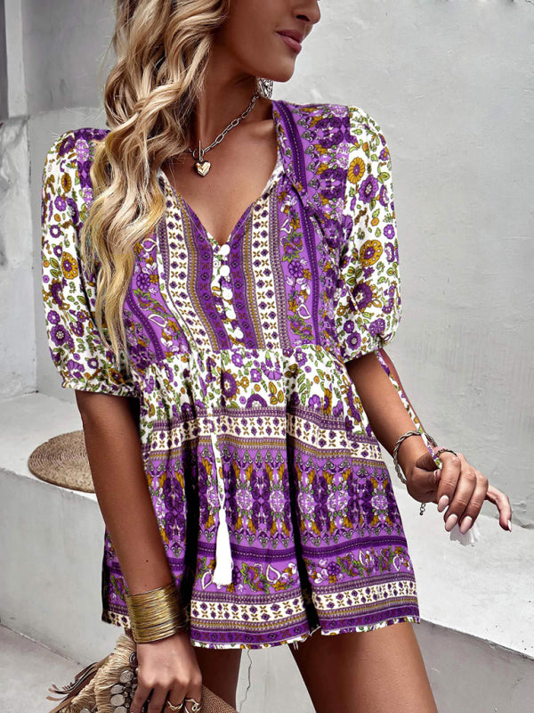 Flannery Women's New Tassel V-Neck Printed Casual Resort Style Top