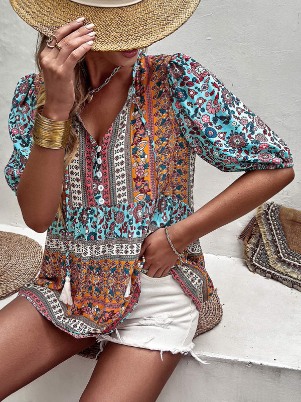 Flannery Women's New Tassel V-Neck Printed Casual Resort Style Top