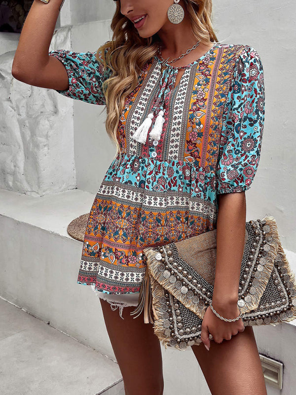 Flannery Women's New Tassel V-Neck Printed Casual Resort Style Top