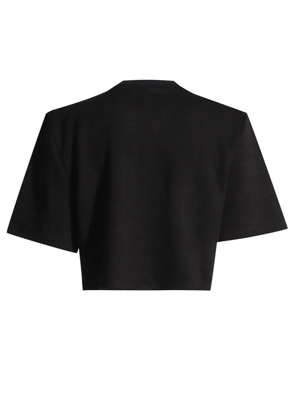 Melissa New Style Diamond Sequined Bow Short-Sleeved Solid Color Slit Top