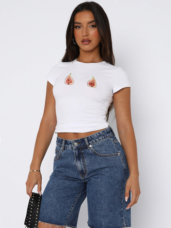 Stacy New Round Neck Printed Street Fashion Slim Fit Short Navel Exposed Versatile T-Shirt
