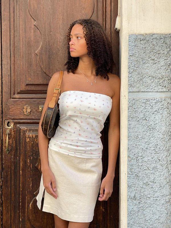 Imara Fashionable And Sexy Retro Tube Top Short Sleeveless Floral Polka Dot Bottoming Vest