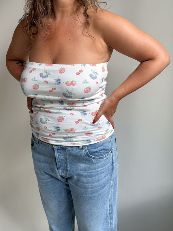 Imara Fashionable And Sexy Retro Tube Top Short Sleeveless Floral Polka Dot Bottoming Vest
