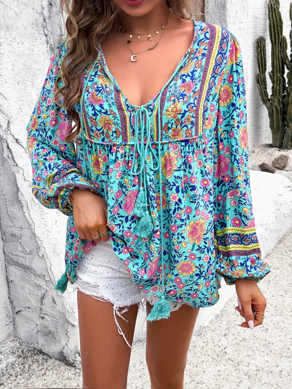 Fenna Women's Casual Spring And Summer Vacation Bohemian Print Lace-Up Long Sleeve Shirt
