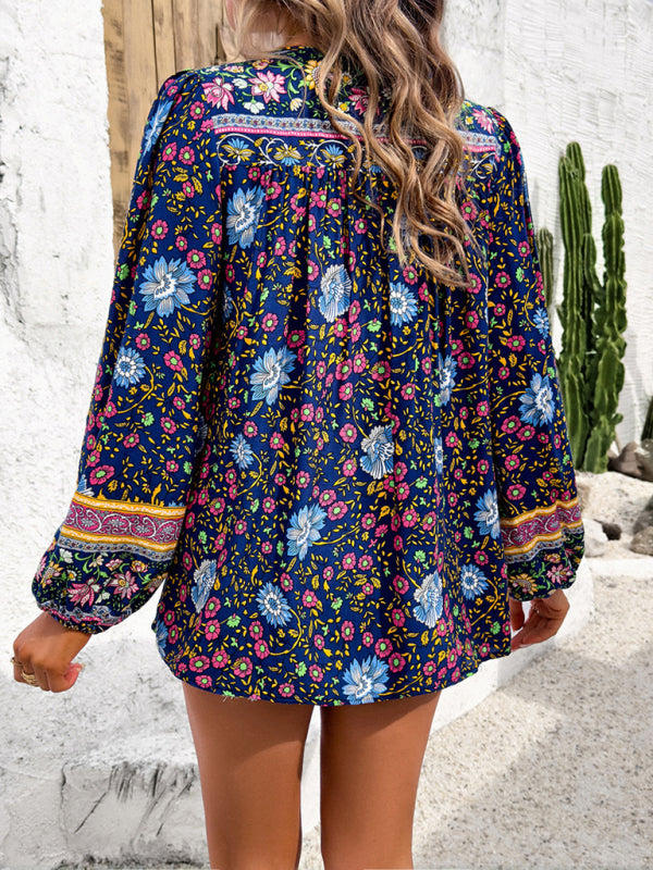 Fenna Women's Casual Spring And Summer Vacation Bohemian Print Lace-Up Long Sleeve Shirt