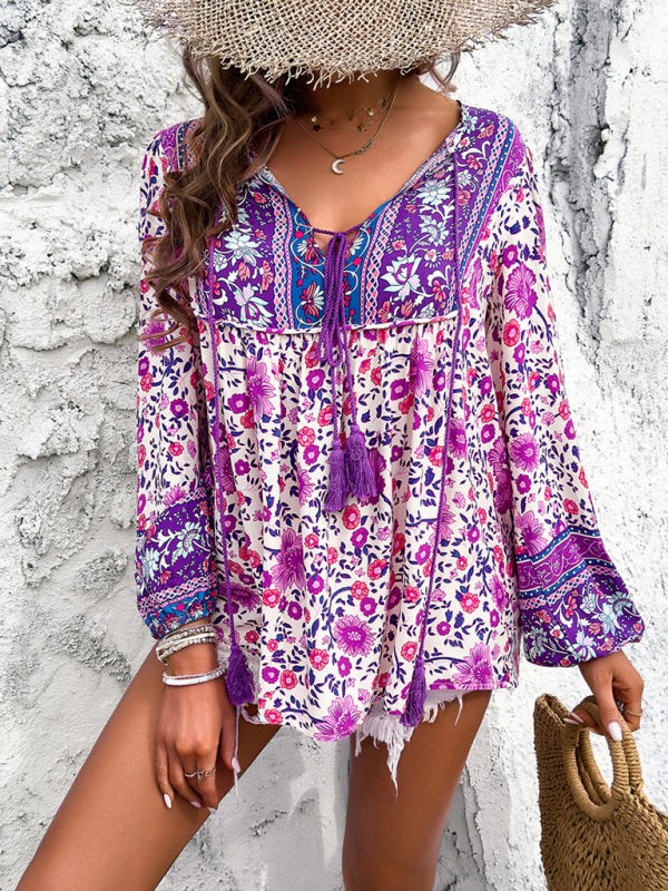 Fenna Women's Casual Spring And Summer Vacation Bohemian Print Lace-Up Long Sleeve Shirt