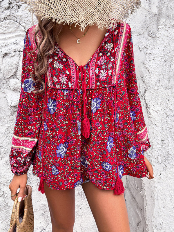 Fenna Women's Casual Spring And Summer Vacation Bohemian Print Lace-Up Long Sleeve Shirt