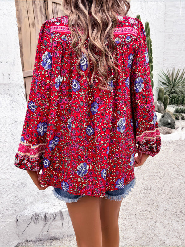 Fenna Women's Casual Spring And Summer Vacation Bohemian Print Lace-Up Long Sleeve Shirt
