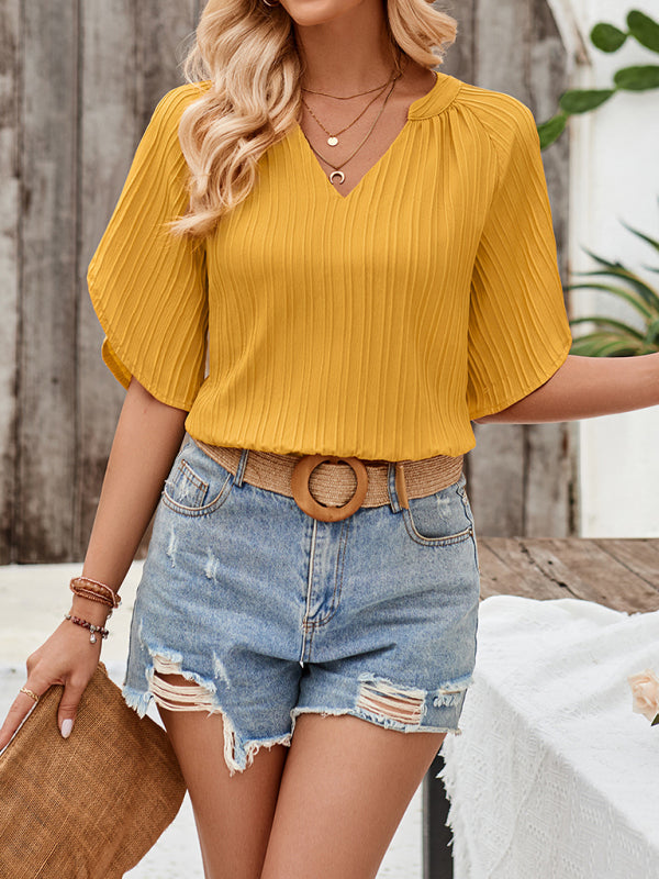 Faylinn New Casual Solid Color V-Neck Slim Fit Hollow Top