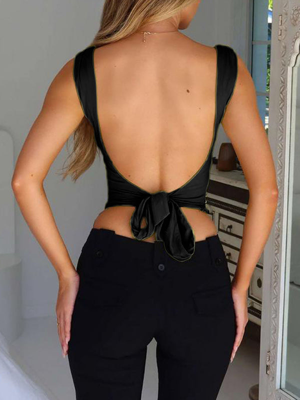 Gwenda Spring And Summer Women's Suspender Cross Large V-Neck Backless Lace-Up Fashionable Top