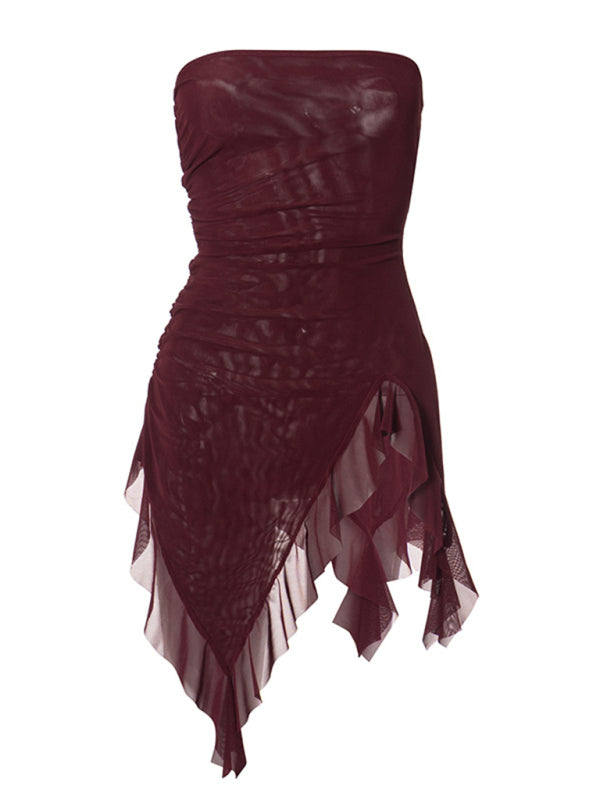 Andromeda New Mesh One-Line Collar Strapless Backless Pleated Ruffle Top T-Shirt