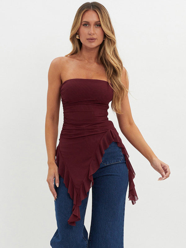 Andromeda New Mesh One-Line Collar Strapless Backless Pleated Ruffle Top T-Shirt