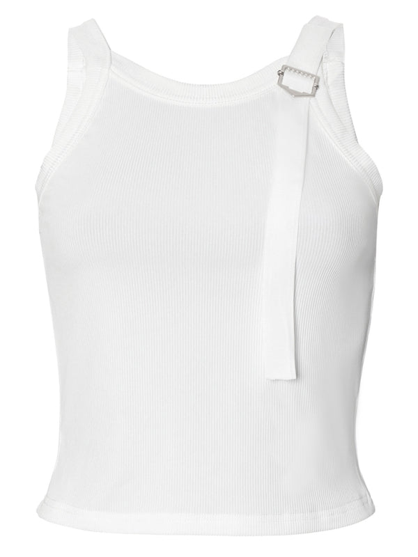 Anaya New Casual Suspender Slim Fit Patchwork Navel-Baring Solid Color Tank Top T-Shirt