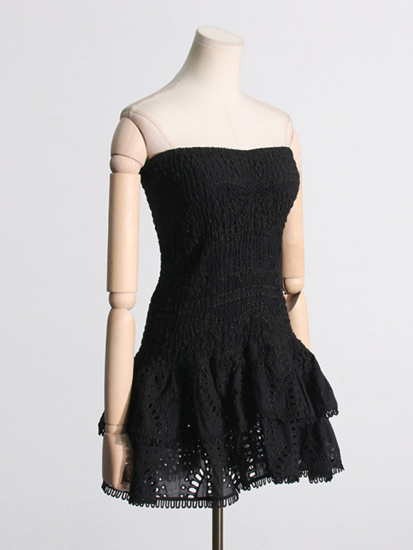 Margaret New Sexy Hot Girl Embroidered Tube Top Dress With Hollow Ruffles And Stitching Design A-Line Skirt