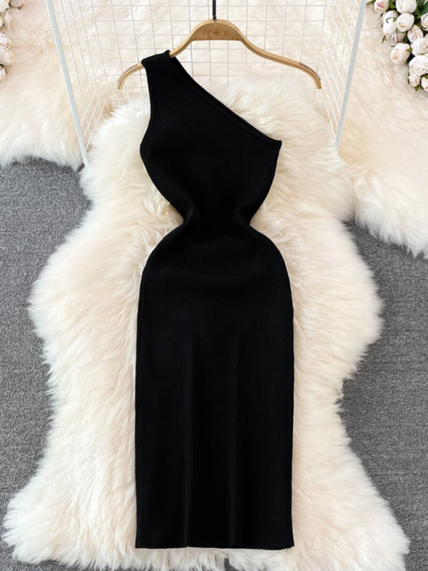 Lyla New Fashionable Slanted Shoulder Solid Color Slim Elastic Slim Fit Hip-Hugging Knitted Dress