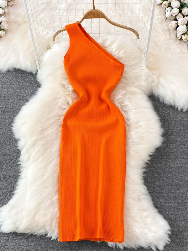 Lyla New Fashionable Slanted Shoulder Solid Color Slim Elastic Slim Fit Hip-Hugging Knitted Dress