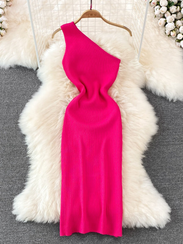 Lyla New Fashionable Slanted Shoulder Solid Color Slim Elastic Slim Fit Hip-Hugging Knitted Dress