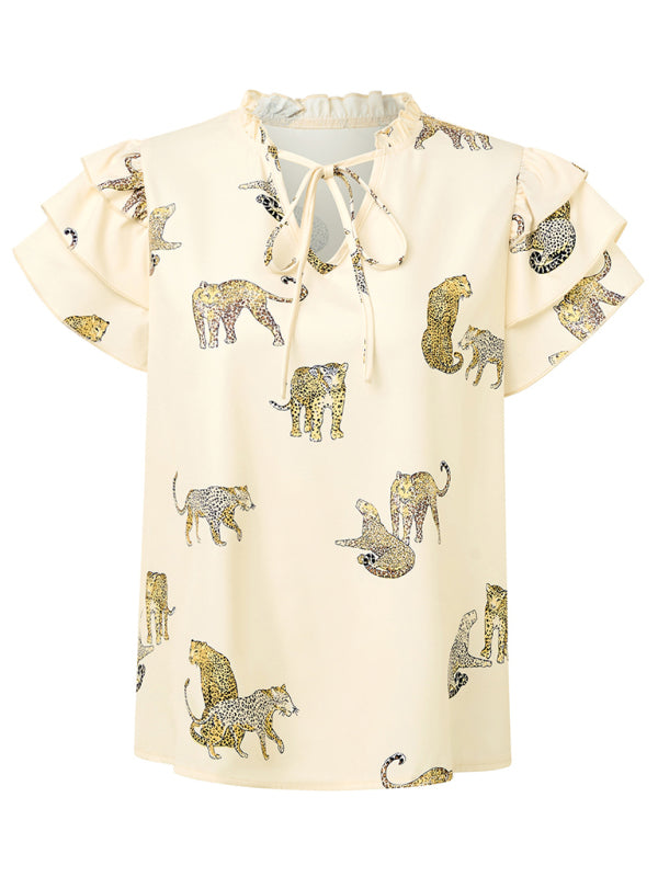 Faiza New Casual Summer V-Neck Printed Ruffle Sleeve Top
