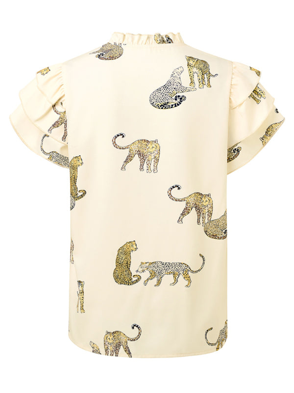 Faiza New Casual Summer V-Neck Printed Ruffle Sleeve Top