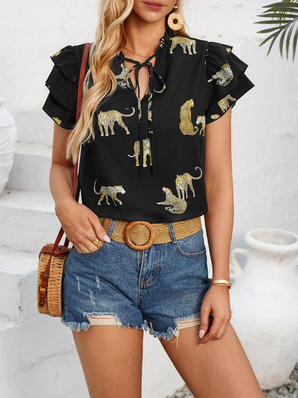 Faiza New Casual Summer V-Neck Printed Ruffle Sleeve Top