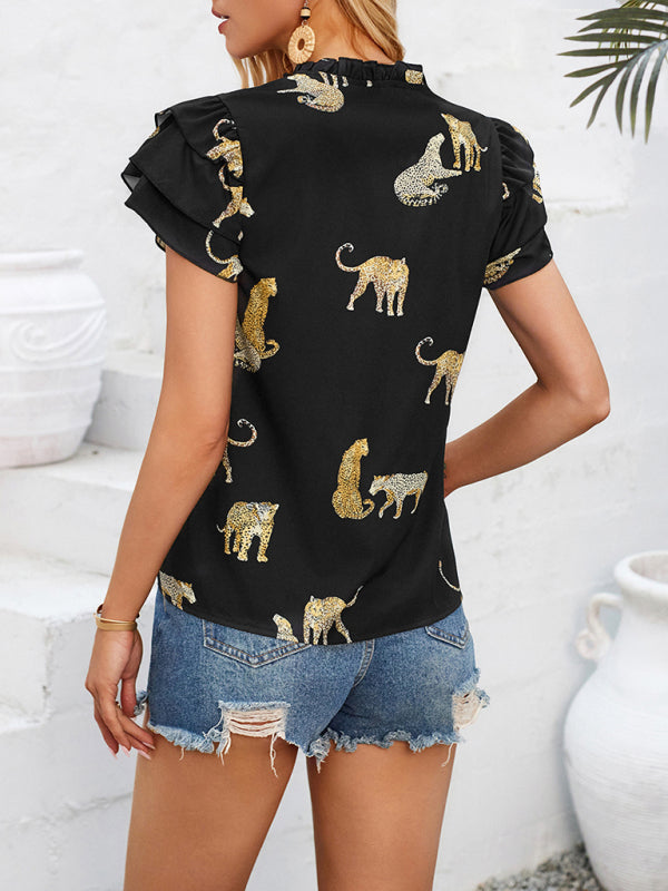Faiza New Casual Summer V-Neck Printed Ruffle Sleeve Top