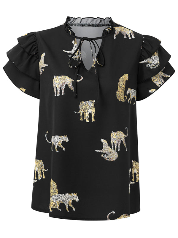 Faiza New Casual Summer V-Neck Printed Ruffle Sleeve Top