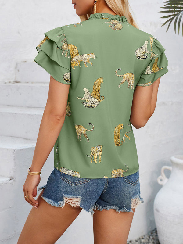 Faiza New Casual Summer V-Neck Printed Ruffle Sleeve Top