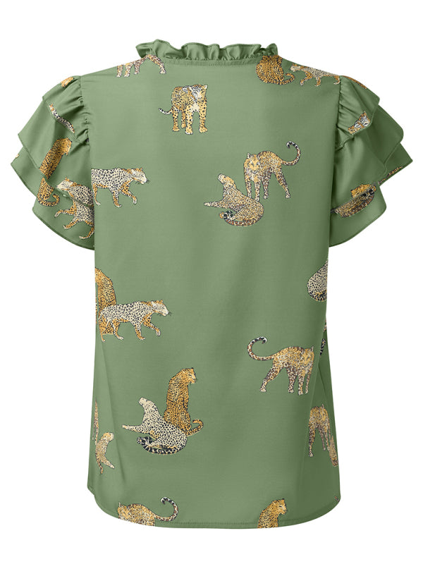 Faiza New Casual Summer V-Neck Printed Ruffle Sleeve Top