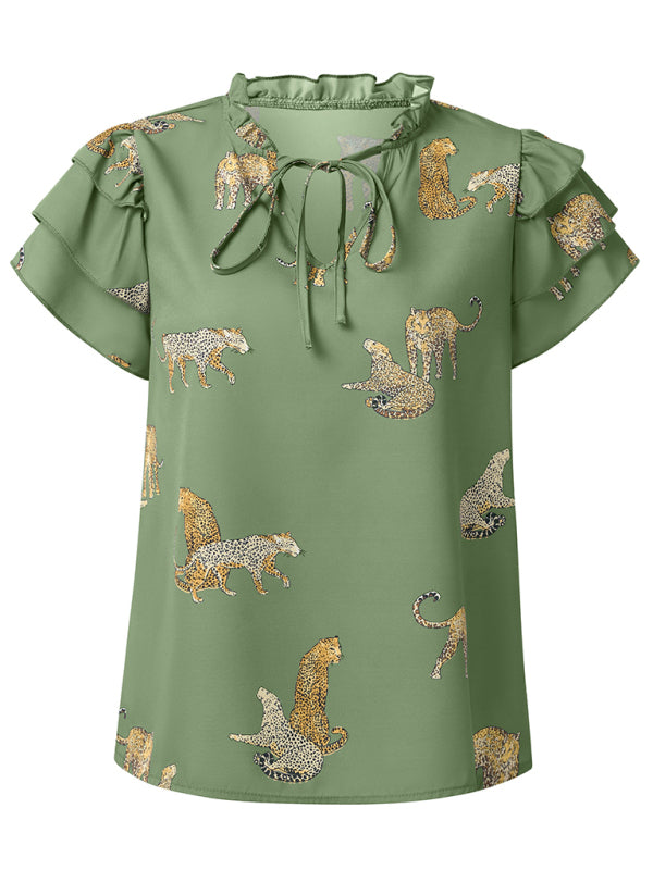 Faiza New Casual Summer V-Neck Printed Ruffle Sleeve Top