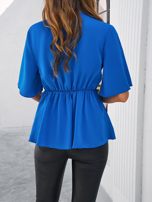 Amelisse Women's Solid Color Elegant Short Sleeve Strappy Tunic Top