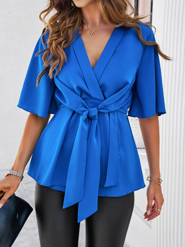 Amelisse Women's Solid Color Elegant Short Sleeve Strappy Tunic Top