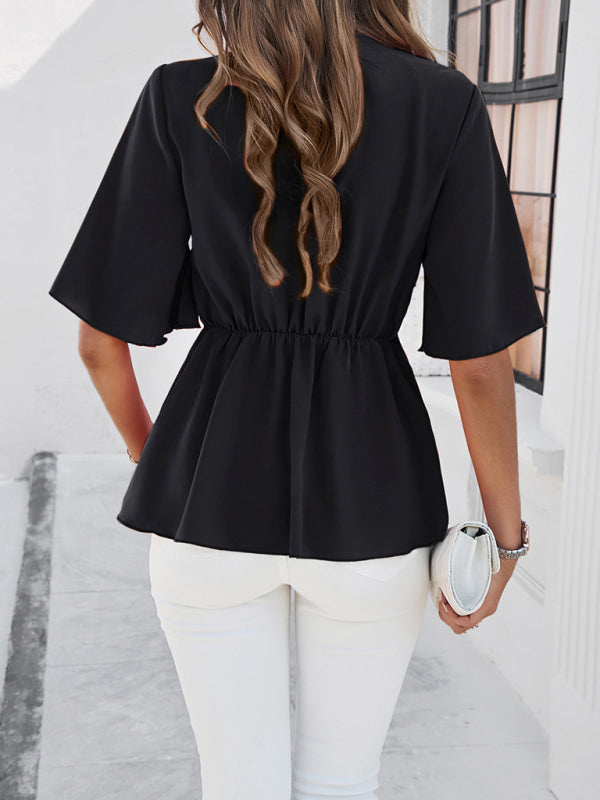 Amelisse Women's Solid Color Elegant Short Sleeve Strappy Tunic Top