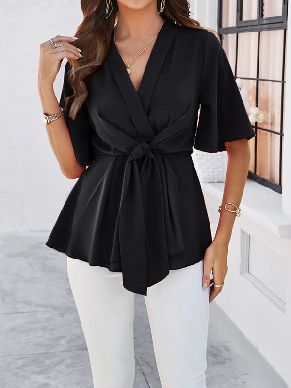 Amelisse Women's Solid Color Elegant Short Sleeve Strappy Tunic Top