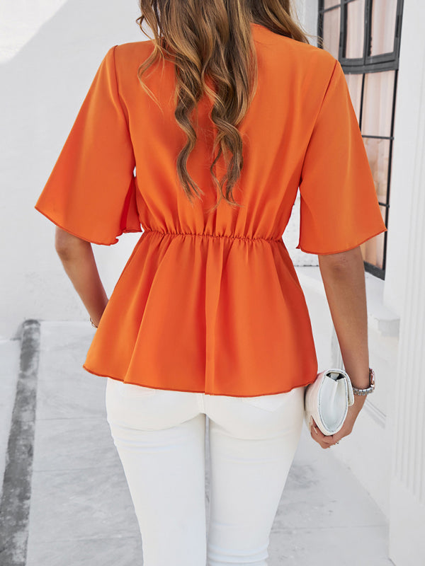 Amelisse Women's Solid Color Elegant Short Sleeve Strappy Tunic Top