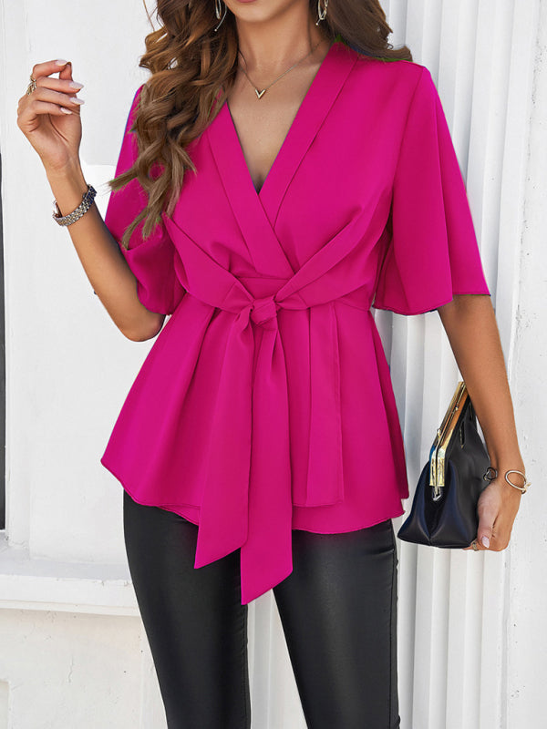 Amelisse Women's Solid Color Elegant Short Sleeve Strappy Tunic Top