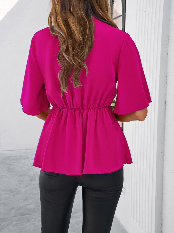 Amelisse Women's Solid Color Elegant Short Sleeve Strappy Tunic Top